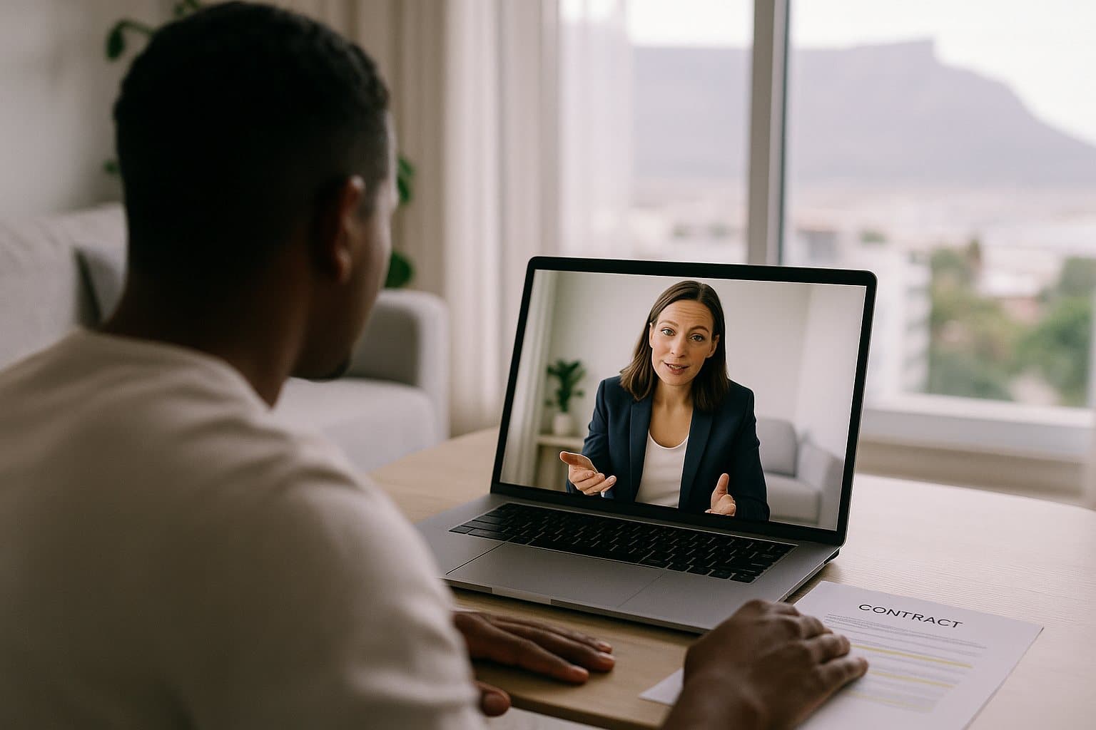 A client on a video call with an attorney, Table Mountain through the window